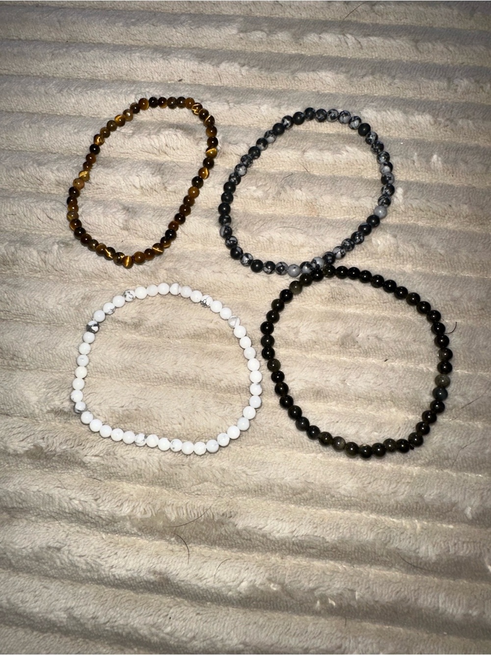 Set of 4 Beaded Stretch Bracelets - White, Black, Tiger's Eye, Gray